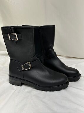 Kelly & Katie Timia Faux Black Leather Mid-Calf Buckle Moto Boots Size 11